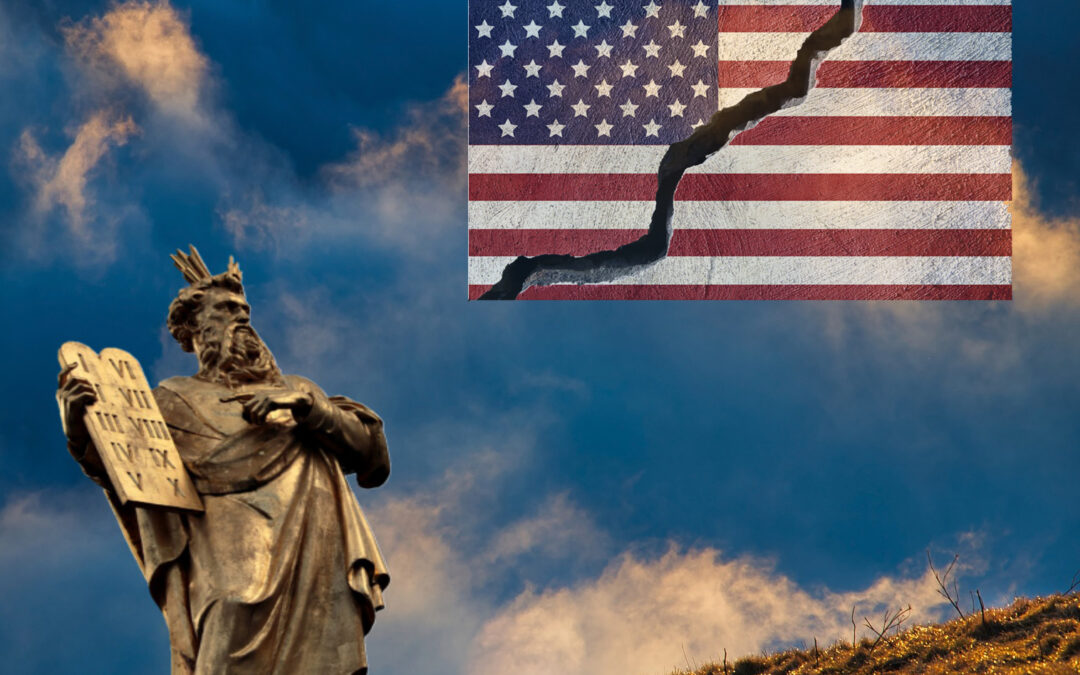 Moses and the 10 commandments and a torn American Flag